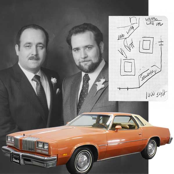 Howard and Steven Tapper in 1977, the orginal sketch of Howard Tapper's showroom idea and the car he sold to open the business.jpg