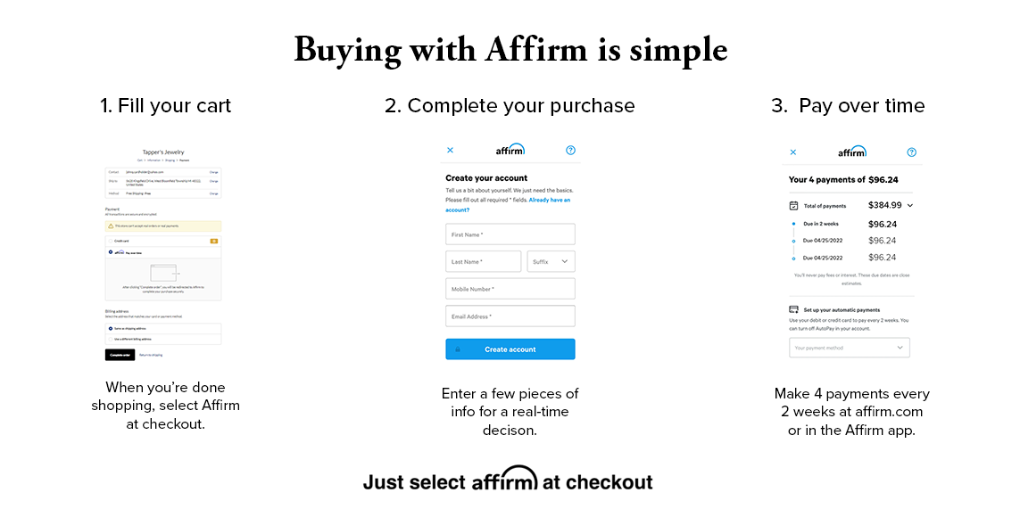 Buying with affirm is simple. 1 fill your cart. 2. Complete your purchase and 3. pay over time
