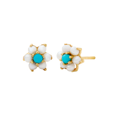 18K Gold Pearl and Turquoise Earrings