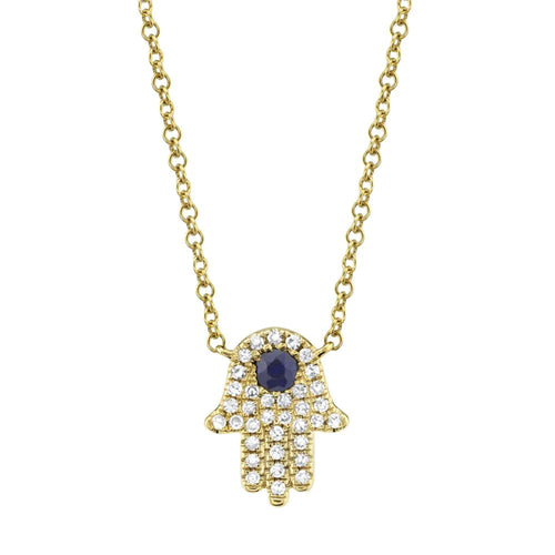 Sapphire and Diamond Hamsa Necklace in 14K Yellow Gold