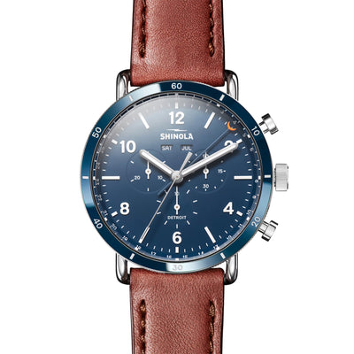 45MM Canfield Sport Chrono with Cognac Leather Strap and Midnight Blue Dial