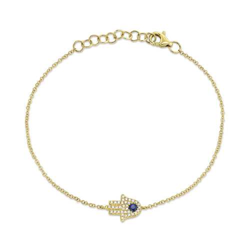 7" Sapphire and Diamond Hamsa Bracelet in 14K Yellow Gold