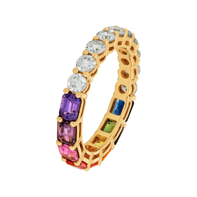 Emerald Cut Multi-Color Sapphire and Round Diamond Eternity Ring in 18K Yellow Gold