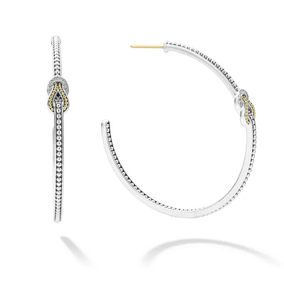 SILVER AND GOLD DIAMOND KNOT HOOP EARRINGS