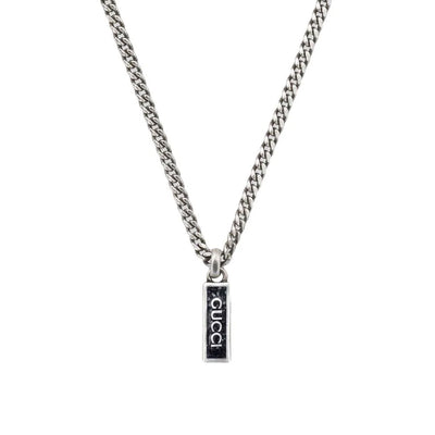 Gucci Black Enamel Tag Necklace in Sterling Silver