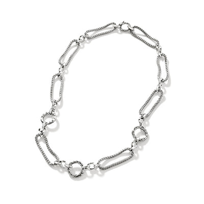 SILVER SOFT CHAIN AND CARVED LINK NECKLACE