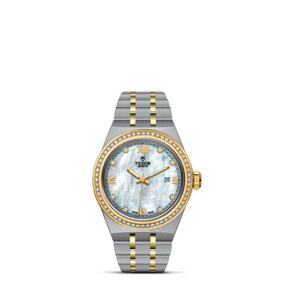 28mm Royal Steel and Gold Mother-of-Pearl Dial with Diamond Hour Markers and Diamond Bezel Watch by Tudor | M28323-0001