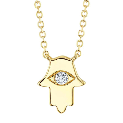 18" Round Diamond Eye Hamsa Necklace in 14K Yellow Gold