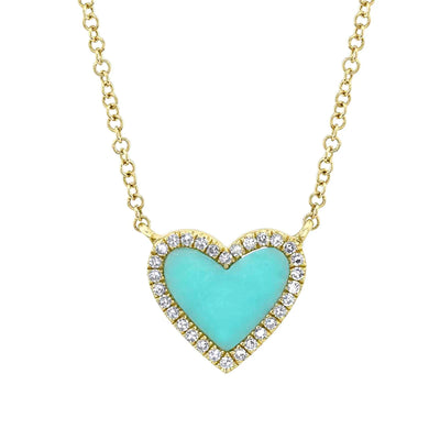 Diamond and Turquoise Heart Necklace in 14K Yellow Gold