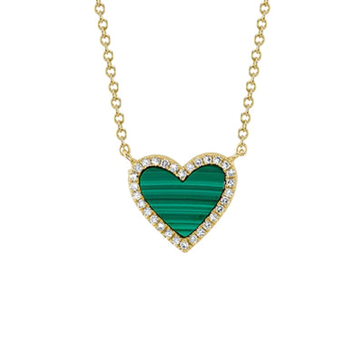 Green Malachite Heart Necklace with Diamond Halo Accent in 14K Yellow Gold