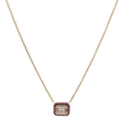 Diamond with Ruby Halo Necklace in 14K Yellow Gold