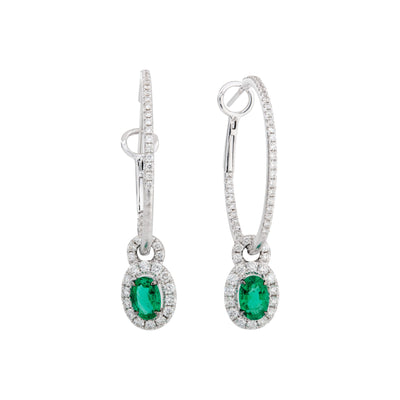 Hoop Earrings with Removable Charm featuring Diamonds and Emeralds in 18K White Gold