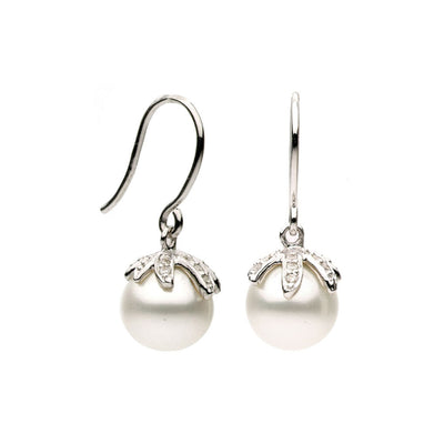 8MM Pearl and Diamond Drop Earrings in 14K White Gold