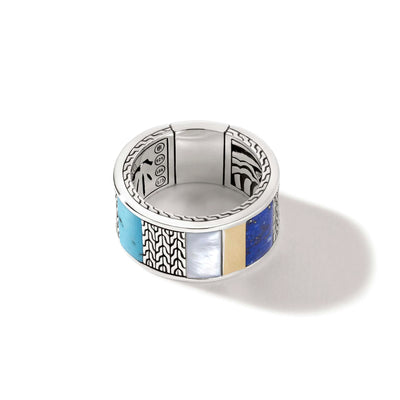 Mother of Pearl, Turquoise and Lapis Ring with Carved Chain Inlay in Sterling Silver