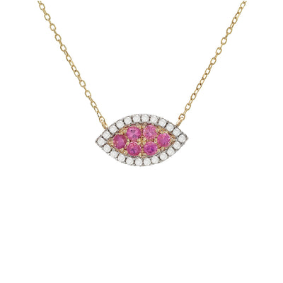 Stationed Pink Sapphire and Diamond Evil Eye 18IN Necklace in 14K Yellow Gold