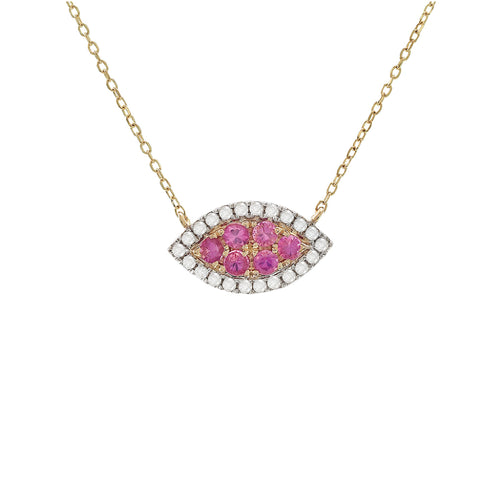 Stationed Pink Sapphire and Diamond Evil Eye 18IN Necklace in 14K Yellow Gold