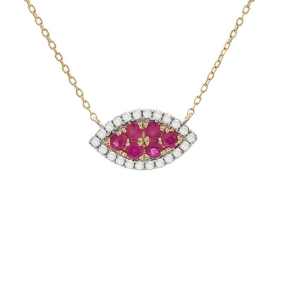 Ruby and Diamond Evil Eye Necklace in 14K Yellow Gold
