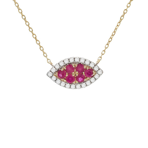 Ruby and Diamond Evil Eye Necklace in 14K Yellow Gold