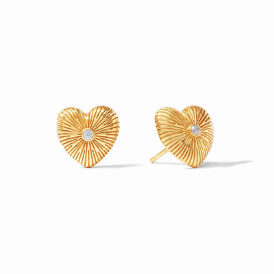 Sunburst Heart Button Earrings with CZ Accent and 24K Gold Plated