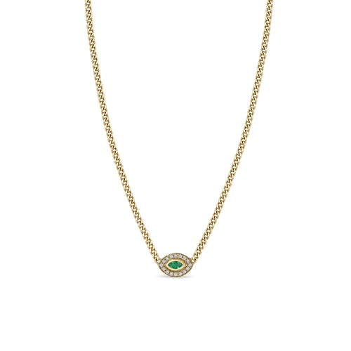 14K Yellow Gold Diamond and Emerald Evil Eye Necklace
