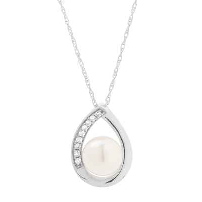 14K White Gold Cultured Pearl and Diamond  Necklace