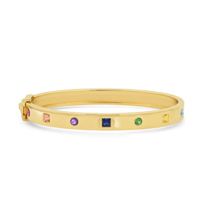 Multi-Colored Princess Cut and Round Bangle in 14K Yellow Gold