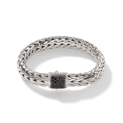 7.5" Black Sapphire Clasp Chain Woven Bracelet in Sterling Silver