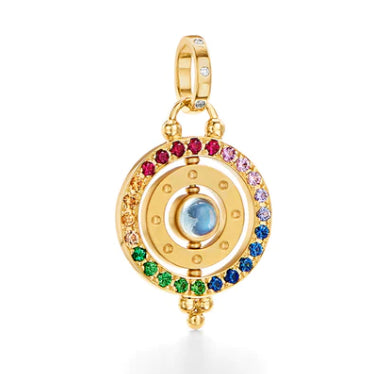 Orbit Pendant with Blue Moonstone and Rainbow Halo in 18K Yellow Gold