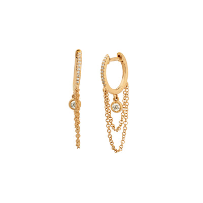 Diamond Huggie Hoops with Drop Chain and Diamond Detail in 14K Yellow Gold