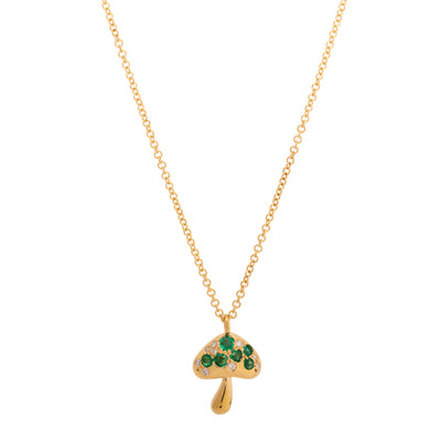 Mini Mushroom Necklace with 9 Round Emeralds on 14K Yellow Gold