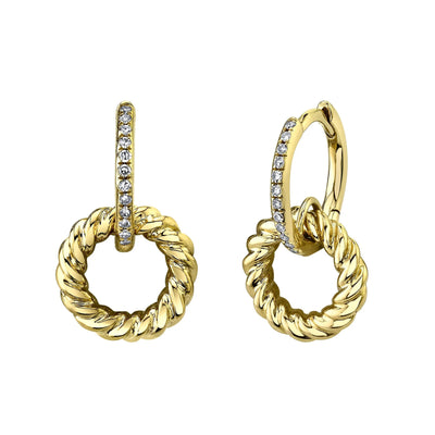 Round Diamond Huggie Drop Earrings in 14K Yellow Gold