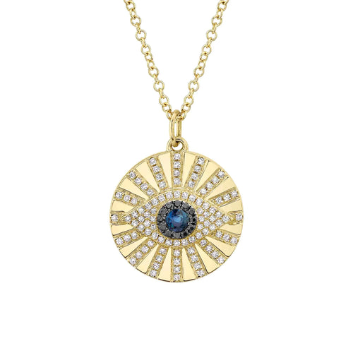 Round Sapphire, Round White and Black Diamond Evil Eye Circle Pendant Necklace in 14K Yellow Gold