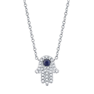 Round Sapphire and Round Diamond Hamsa Pendant Necklace in 14K White Gold
