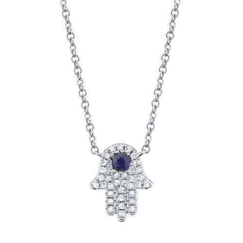 Round Sapphire and Round Diamond Hamsa Pendant Necklace in 14K White Gold