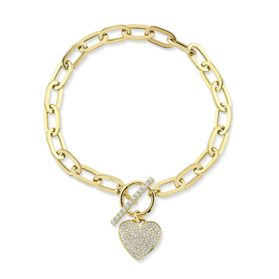 Pave Diamond Heart Charm Paperclip Chain Bracelet in 14K Yellow Gold