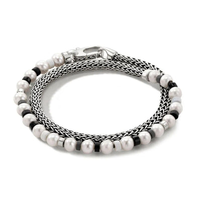 Cultured Pearl, Hematite and Onyx Bracelet in Sterling Silver