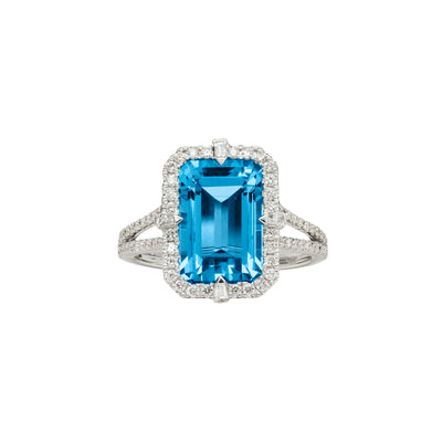 Emerald-Cut Blue Topaz and Diamond Ring in 14K White Gold