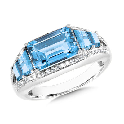 Emerald-Cut Blue Topaz and Diamond Ring in 14K White Gold