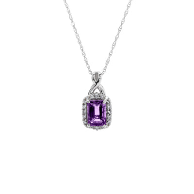 17.5" Emerald-Cut Amethyst and Diamond Pendant Necklace in 14K White Gold