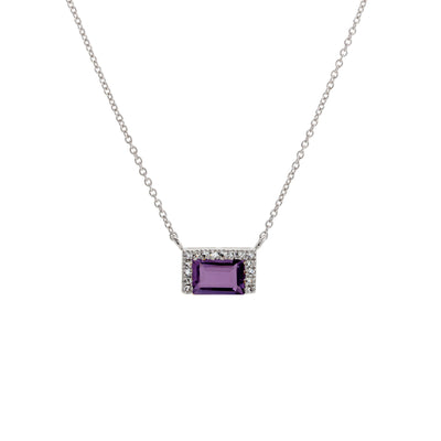 18" Emerald-Cut Amethyst and 16 Round Diamond Pendant Necklace in 14K White Gold