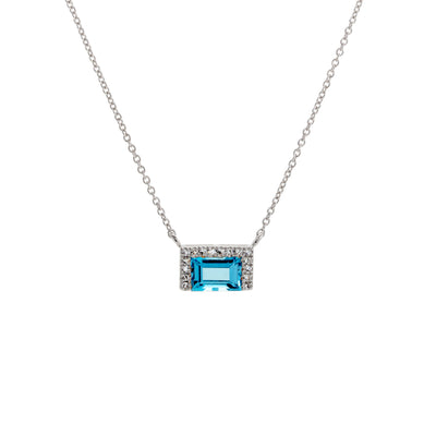 18" Emerald-Cut Blue Topaz and 16 Round Diamond Pendant Necklace in 14K White Gold