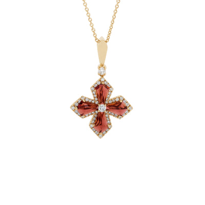18" Flower Garnet and Diamond Pendant Necklace in 14K Yellow Gold