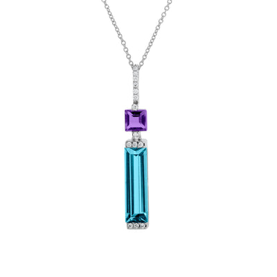 18" Baguette Blue Topaz, Princess Amethyst, and Round Diamond Pendant Necklace in 14K White Gold