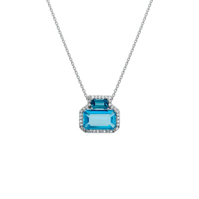 18" Emerald-Cut Blue Topaz, Baguette London Blue Topaz, and Round Diamond Pendant Necklace in 14K White Gold