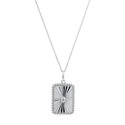 STERLING SILVER RECTANGLE PENDANT  NECKLACE WITH ROUND DIAMOND