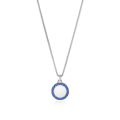 22" Tag Necklace with Blue Enamel Design on 1.7mm Link Chain in Sterling Silver