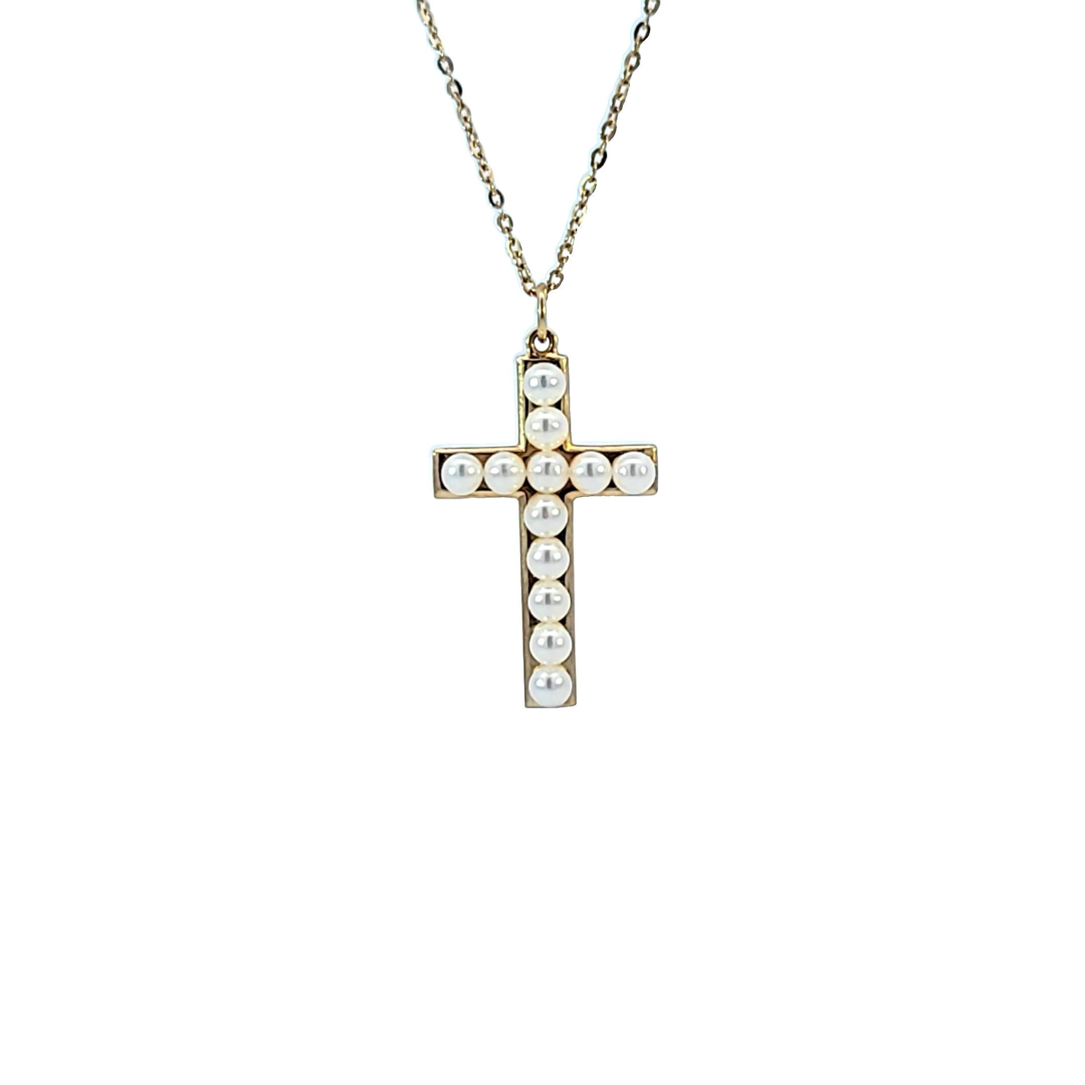 ESTATE MIKIMOTO 18K YELLOW PEARL CROSS PENDANT NECKLACE, 18 INCHES LON