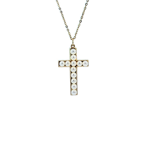 ESTATE MIKIMOTO 18K YELLOW PEARL CROSS PENDANT NECKLACE, 18 INCHES LONG