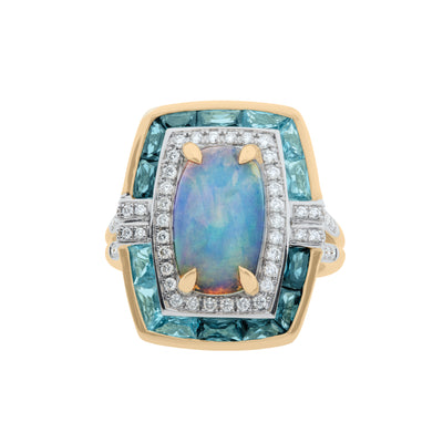 14K Yellow Gold Opal and Blue Topaz  and Diamond Ring
