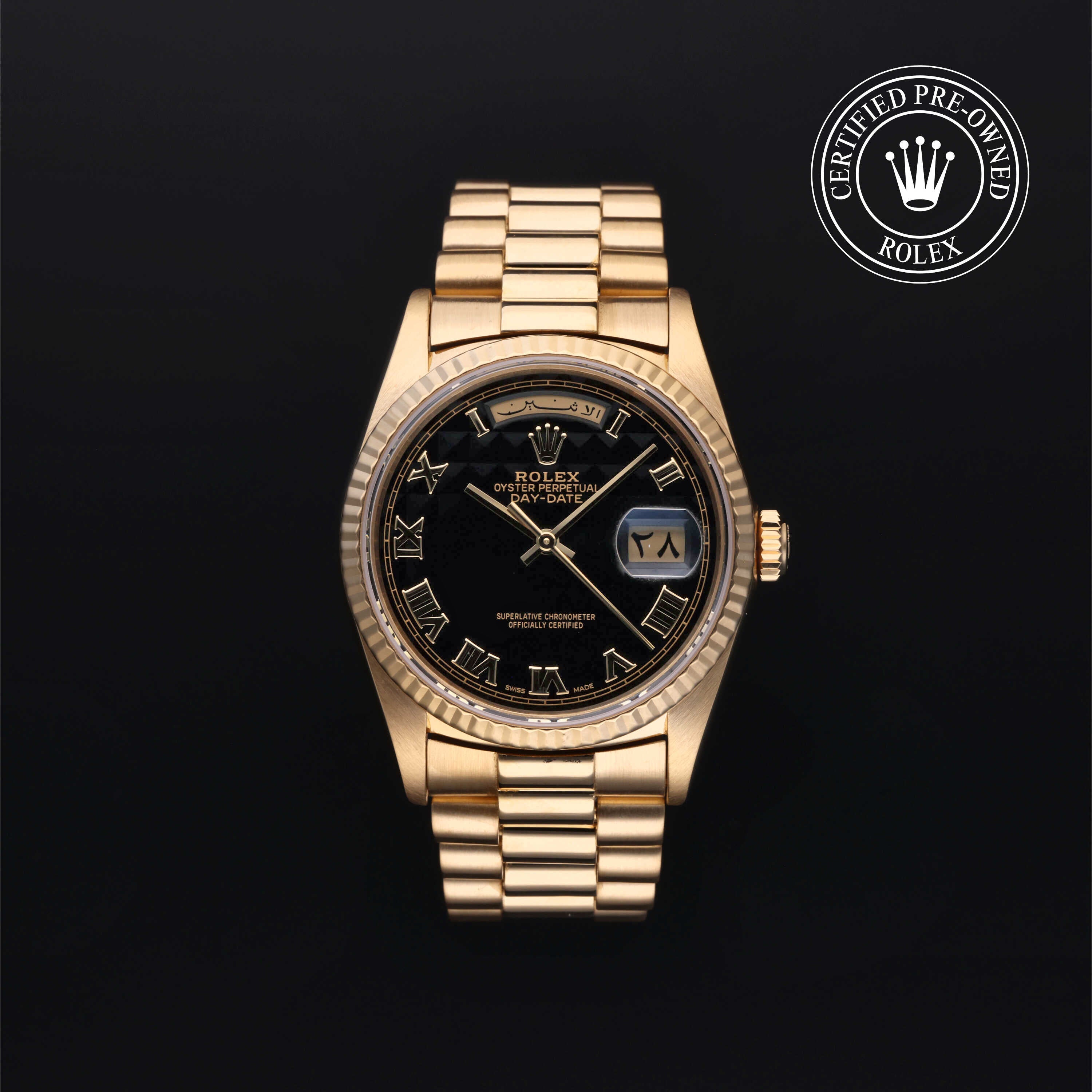 【中古】 ROLEX 万年筆 ブラック本体 ゴールド キャップ Rolex Certified Pre-Owned Day-Date 36.0mm in Yellow Gold, M18238
